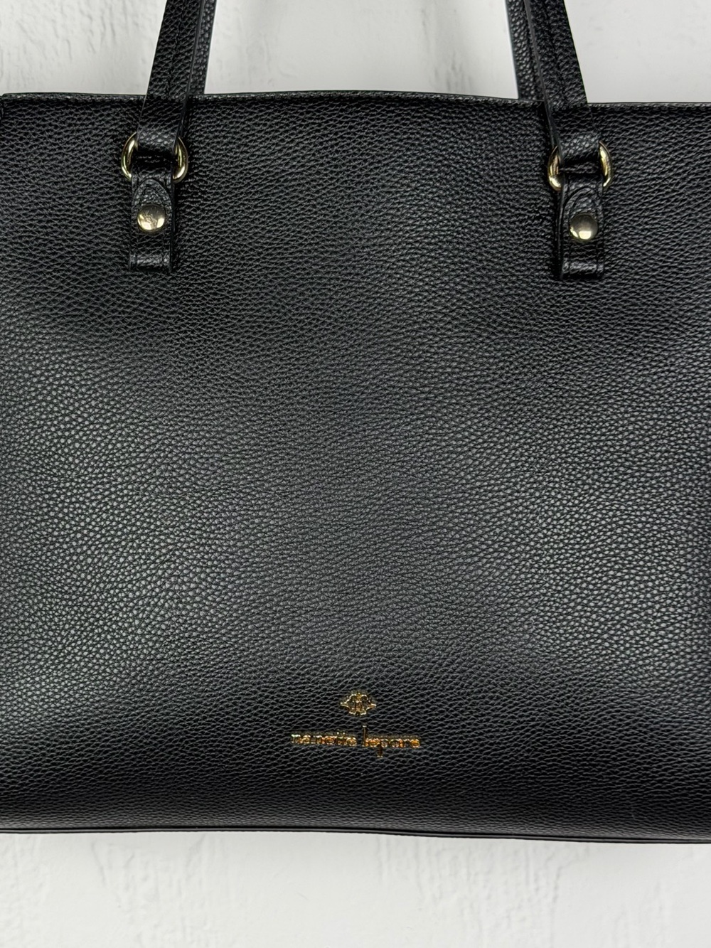 Nanette Lepore Classic Black Pebbled Vegan Leather Large Tote with Gold Accents